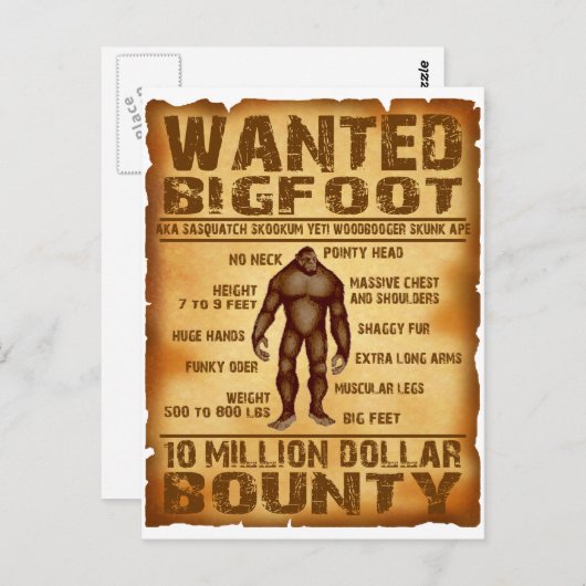 ビッグフット賞金千万ドル指名手配ポスター ポストカード (正面/裏面)