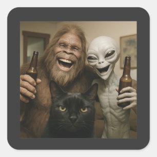 ビッグフット エイリアン セルフィー BFF 面白い写真 UFO付き猫 スクエアシール