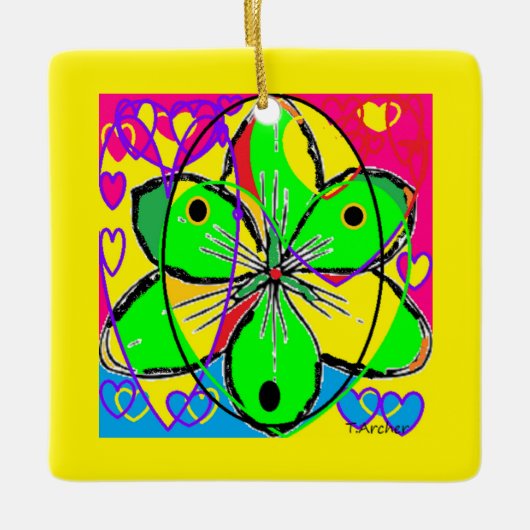 ビッグフラワーにサインされたオリジナルアートデザインかわいらし非常に セラミックオーナメント (正面)