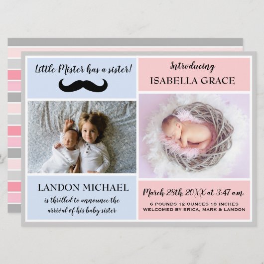 ビッグブラザー兄弟姉妹ベビーガール誕生のお知らせ 招待状 (正面/裏面)