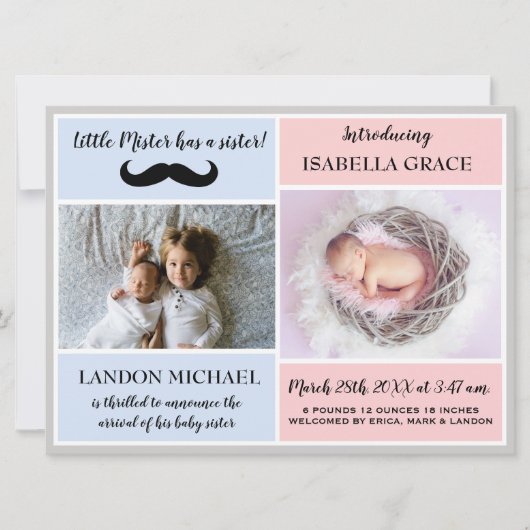 ビッグブラザー兄弟姉妹ベビーガール誕生のお知らせ 招待状 (正面)