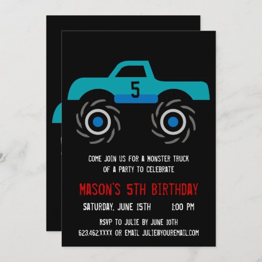 ビッグブルーモンスタートラックバースデーパーティ招待状 招待状 (正面/裏面)
