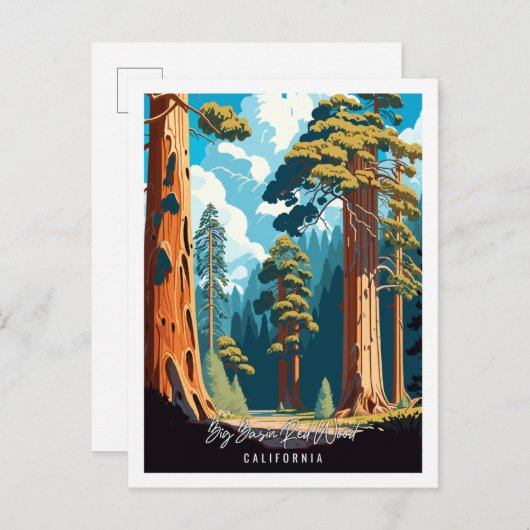 ビッグベイスンレッドウッドヴィンテージ旅行イラストレーション ポストカード (正面/裏面)