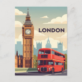 ビッグベンとロンドンバスが描かれたヴィンテージなロンドンの風景 ポストカード