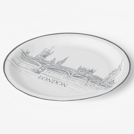 ビッグベンブルーインクスケッチ付きロンドンのスカイライン ペーパープレート (アングル)
