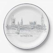 ビッグベンブルーインクスケッチ付きロンドンのスカイライン ペーパープレート (正面)