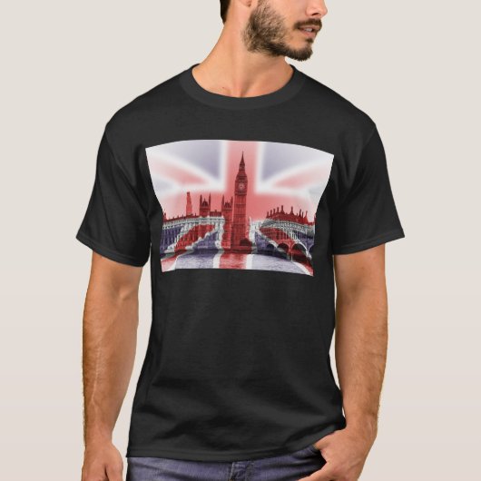 ビッグベンロンドンおよび英国国旗の旗 Tシャツ (正面)