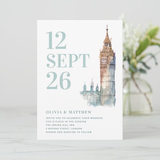 ビッグベン/ロンドンの目的地の結婚式+ QR写真 招待状 (スタンド正面)