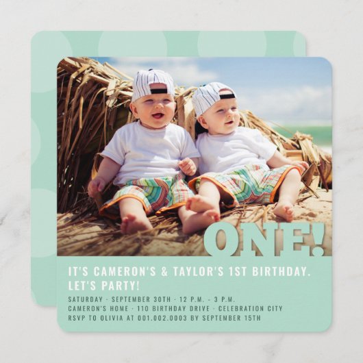 ビッグモダンワンおもしろいベビーツインフォトファースト誕生日 招待状 (正面/裏面)