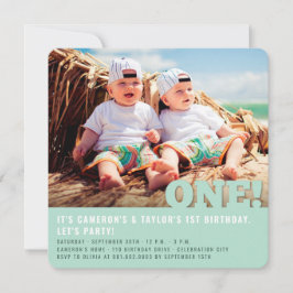 ビッグモダンワンおもしろいベビーツインフォトファースト誕生日 招待状