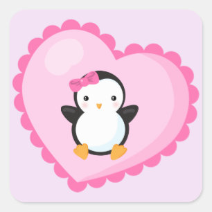 ビッグライトピンクのかわいい女の子ペンギンハート スクエアシール