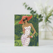 ビッグレッドハットのトロピカルファッショナブルな少女 ポストカード (スタンド正面)