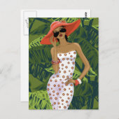 ビッグレッドハットのトロピカルファッショナブルな少女 ポストカード (正面/裏面)