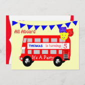 ビッグレッドバスに乗った子供たちパーティー 招待状 (正面/裏面)