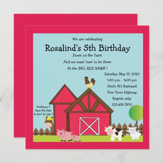 ビッグレッドバーンバースデーパーティーの招待 セーブザデート (正面/裏面)