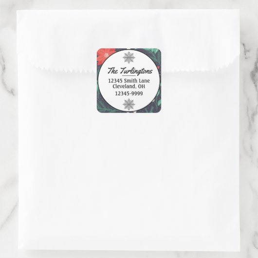 ビッグレッドホワイトクリスマスポインセチア差出人住所 スクエアシール (バッグ)