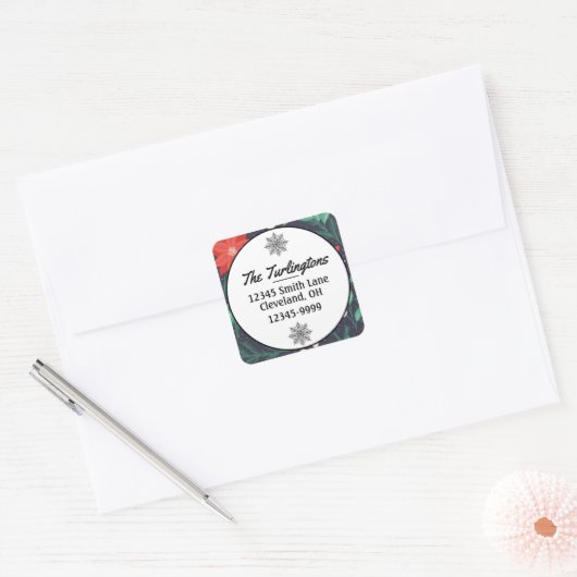 ビッグレッドホワイトクリスマスポインセチア差出人住所 スクエアシール (封筒)