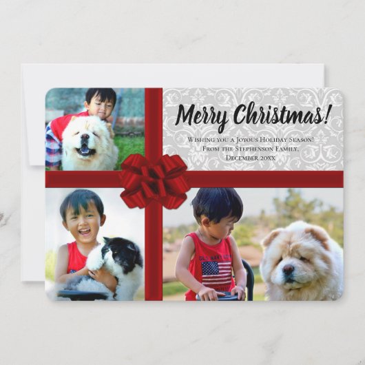 ビッグレッドボウプレゼント3写真クリスマスカード シーズンカード (正面)