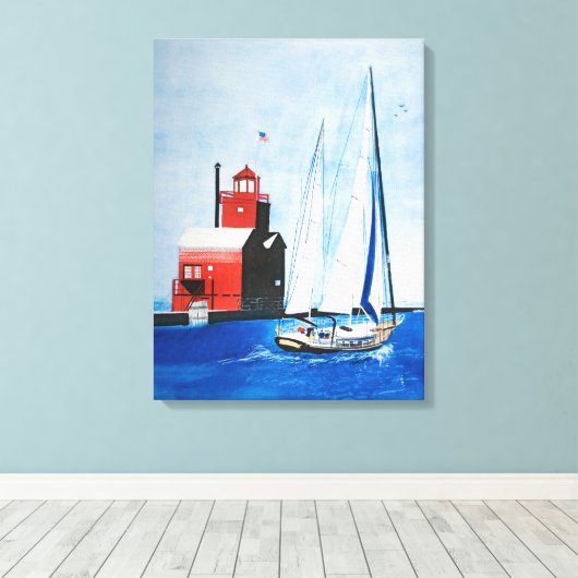 ビッグレッドミシガンライトハウスアンドセーリングボート キャンバスプリント (インサイチュ (ウッドフロア))