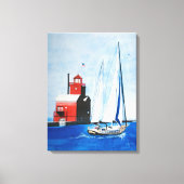 ビッグレッドミシガンライトハウスアンドセーリングボート キャンバスプリント (正面)
