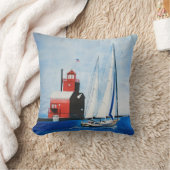 ビッグレッドミシガンライトハウスアンドセーリングボート クッション (ブランケット)