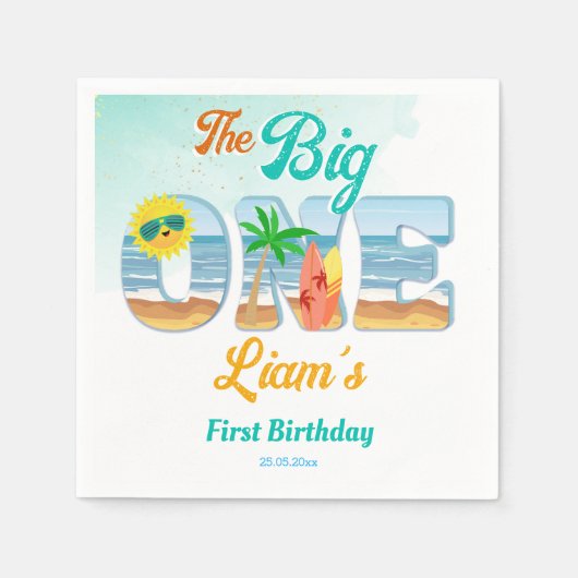 ビッグワンサーフィンビーチ夏の誕生日の食器 スタンダードカクテルナプキン (正面)