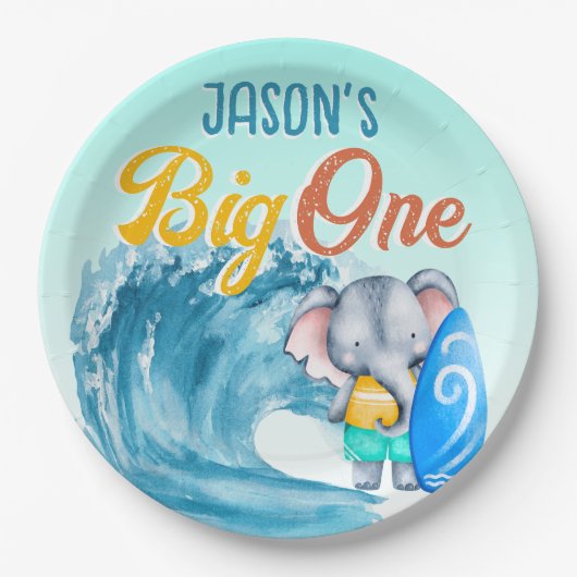ビッグワンサーフィンビーチ1歳のパーティーゾウ ペーパープレート (正面)