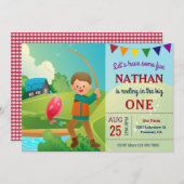 ビッグワンフィッシングテーマの男の子の1歳の誕生日パーティー 招待状 (正面/裏面)