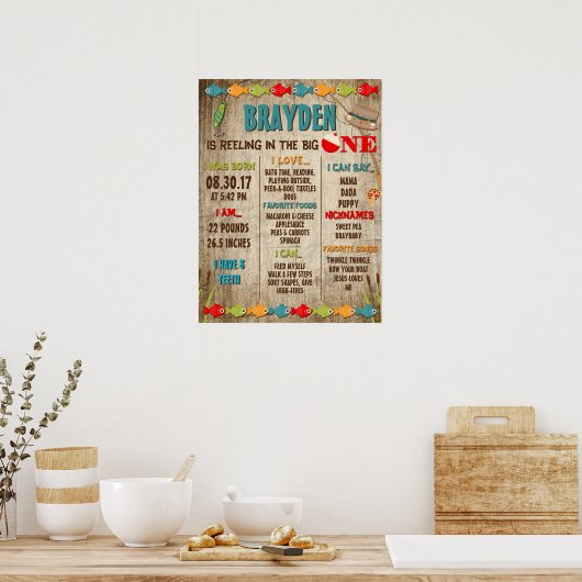 ビッグワン魚釣りテーマ第1の誕生日マイルストーン ポスター (キッチン)