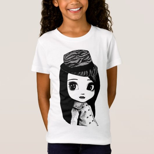 ビッグ目かわいい女の子フェドーラハットオリジナルアート Tシャツ (正面)