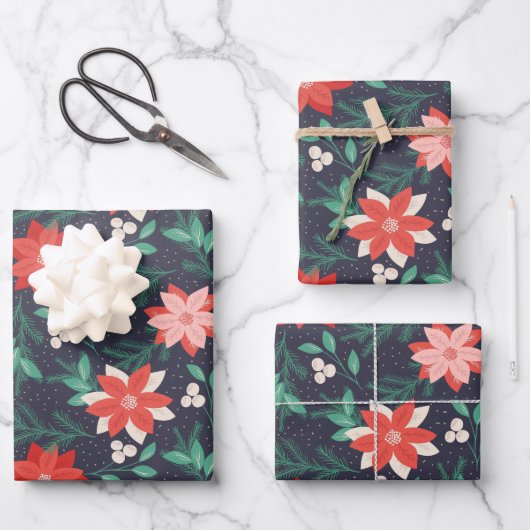 ビッグ赤と白クリスマスポインセチア ラッピングペーパーシート (正面)