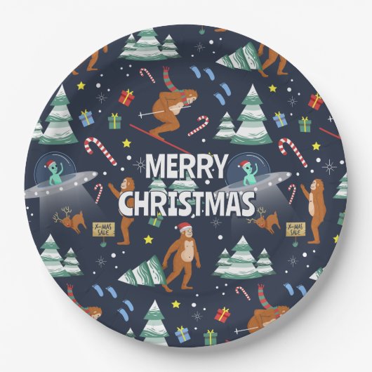 ビッグ足、エイリアン、トナカイのクリスマス ペーパープレート (正面)