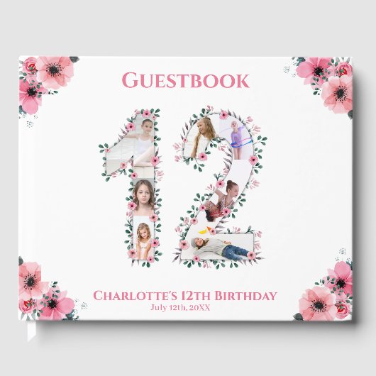 ビッグ12誕生日フォトコラージュ花ガールホワイト ゲストブック (正面)