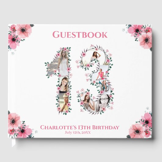ビッグ13誕生日フォトコラージュ花ガールホワイト ゲストブック (正面)