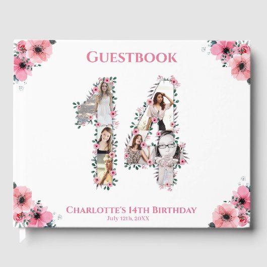 ビッグ14誕生日フォトコラージュ花ガールホワイト ゲストブック (正面)