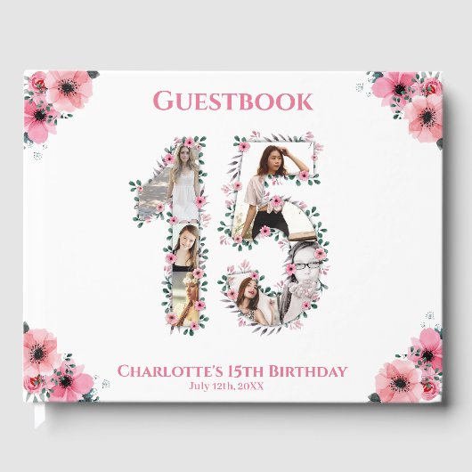 ビッグ15誕生日フォトコラージュ花ガールホワイト ゲストブック (正面)