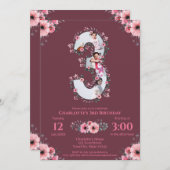 ビッグ3歳の誕生日ガールフォトコラージピンクフラワーイン 招待状 (正面/裏面)