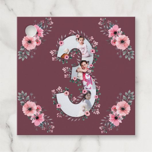 ビッグ3歳の誕生日ガールフォトコラージピンクフラワー フェイバータグ (正面)