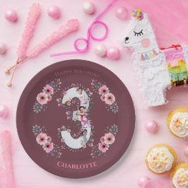 ビッグ3歳の誕生日ガールフォトコラージピンクフラワー ペーパープレート