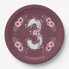 ビッグ3歳の誕生日ガールフォトコラージピンクフラワー ペーパープレート
