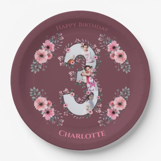 ビッグ3歳の誕生日ガールフォトコラージピンクフラワー ペーパープレート (正面)
