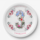 ビッグ3歳の誕生日ガールフォトコラージピンクフラワー ペーパープレート (正面)