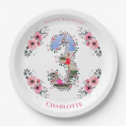 ビッグ3歳の誕生日ガールフォトコラージピンクフラワー ペーパープレート (正面)