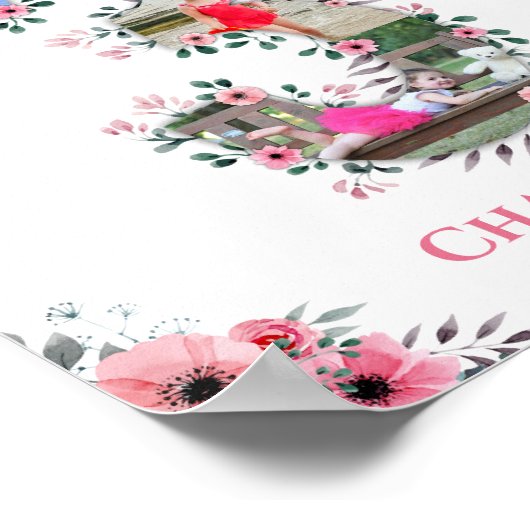 ビッグ3歳の誕生日ガールフォトコラージピンクフラワー ポスター (角)