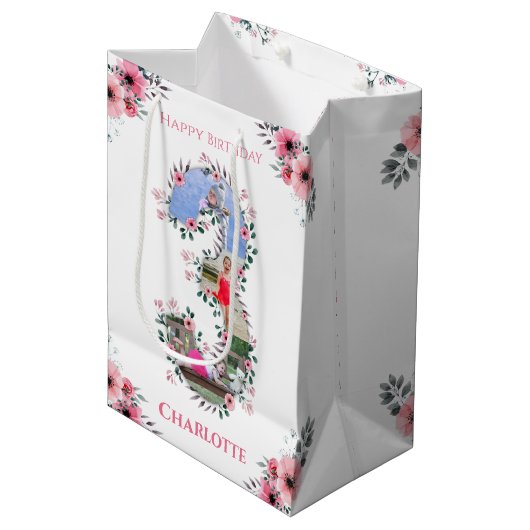 ビッグ3歳の誕生日ガールフォトコラージピンクフラワー ミディアムペーパーバッグ
