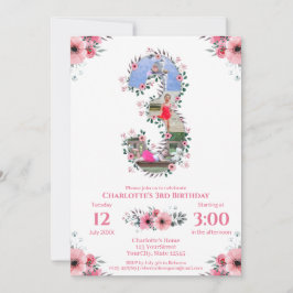 ビッグ3歳の誕生日ガールフォトコラージピンクフラワー 招待状