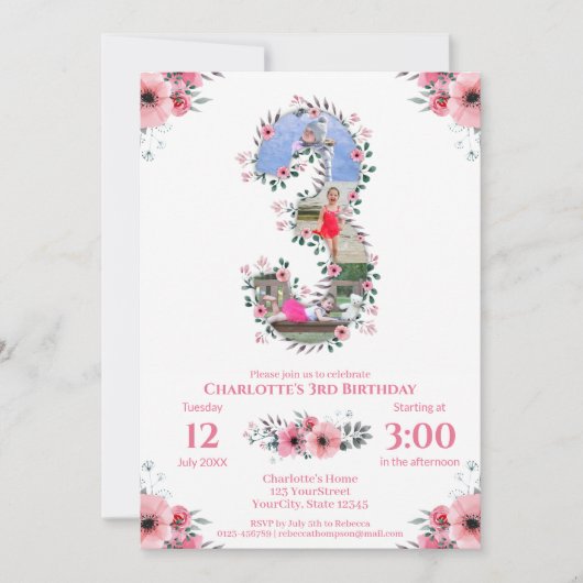 ビッグ3歳の誕生日ガールフォトコラージピンクフラワー 招待状 (正面)