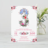 ビッグ3歳の誕生日ガールフォトコラージピンクフラワー 招待状 (スタンド正面)