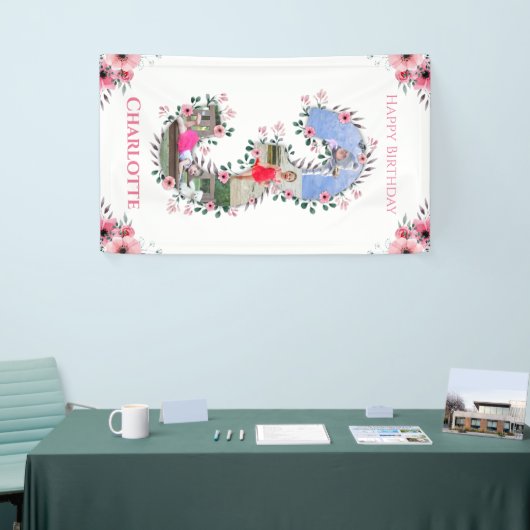 ビッグ3歳の誕生日ガールフォトコラージピンクフラワー 横断幕 (トレードショー)