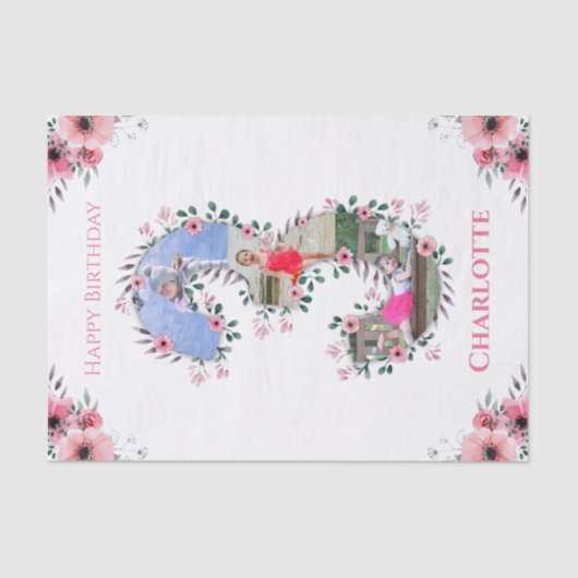 ビッグ3歳の誕生日ガールフォトコラージピンクフラワー 薄葉紙 (正面)